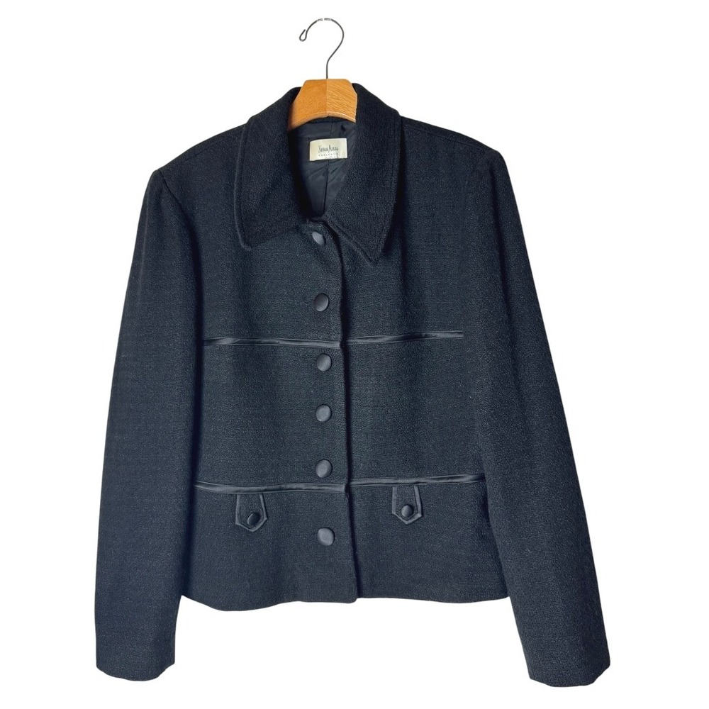 Neiman Marcus Coat Women Medium Black Wool Tweed Satin Trim Blazer Vintage Retro